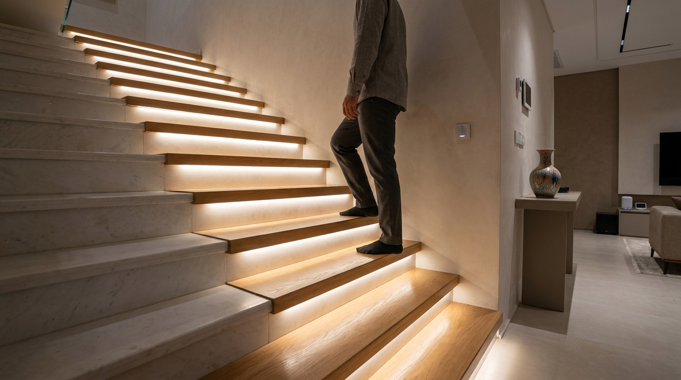 اجرای نورپردازی پله با نوار LED هوشمند و سنسور حرکتی